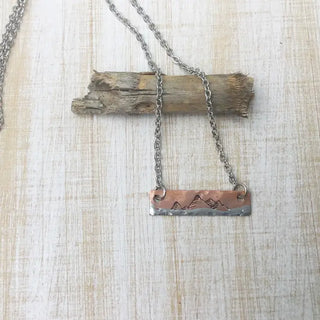 Mixed Metal Hand Stamped Mountain Bar Necklace