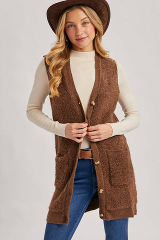 BUTTON DOWN V-NECK TEDDY KNIT LONG LINED VEST: DK.BROWN
