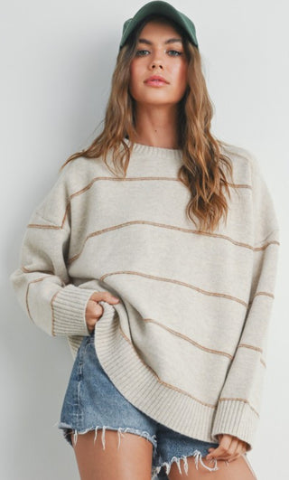 Taupe Striped Drop Shoulder Sweater