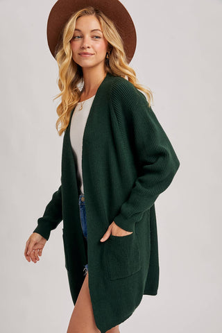OPEN FRONT BATWING SLEEVE CARDIGAN: HUNTER GREEN