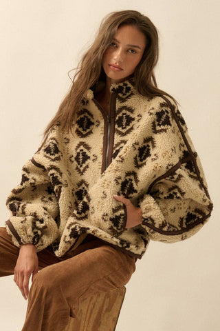 Geo-Print Sherpa Fleece Half-Zip Pullover Jacket