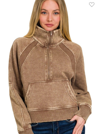 Acid Washed Half Zip Fleece Pullover Kangaroo Mocha
