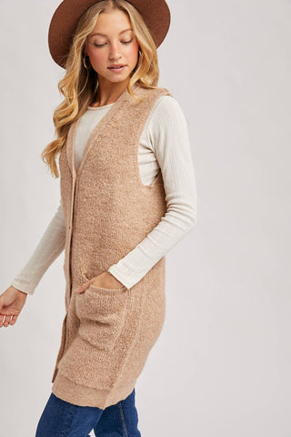 BUTTON DOWN V-NECK TEDDY KNIT LONG LINED VEST: DK.BROWN