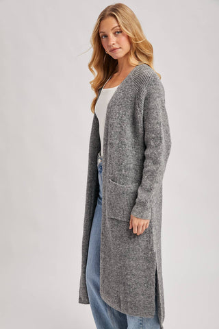 LONGLINE OPEN FRONT SIDE SLIT CARDIGAN: CHARCOAL