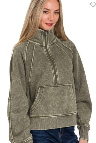 Acid Washed Half Zip Fleece Pullover Kangaroo DK Olive