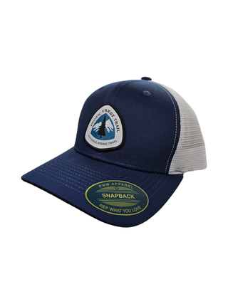 Pacific Crest Trail Snapback Hat with PCT Patch: Navy Blue on White Mesh