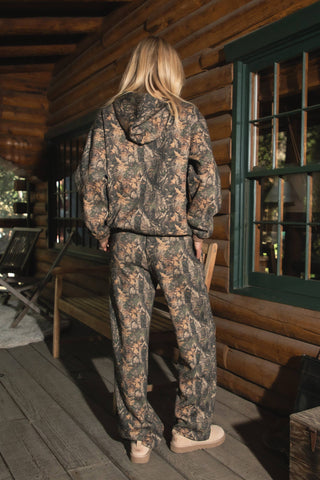 BAYOU Woodland Camo Lounge Fleece Wide Leg Sweatpants: Dark Camo