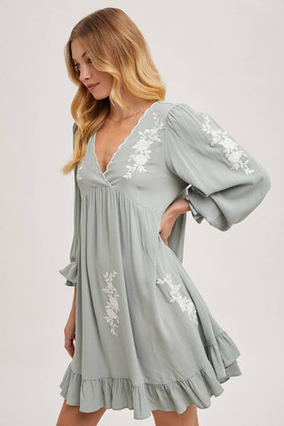 EMBROIDERED V-NECK RUFFLED DRESS: COCO