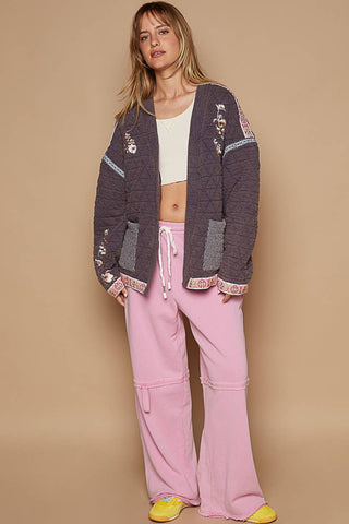 Embroidery Quilted Knit Jacket: ANTIQUE NAVY