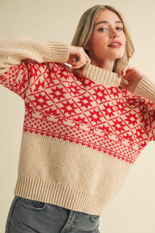 MOCK NECK PULLOVER SWEATER: Taupe Red