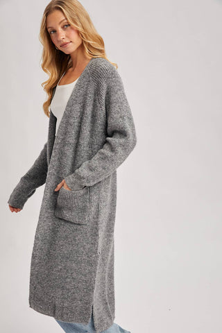 LONGLINE OPEN FRONT SIDE SLIT CARDIGAN: CHARCOAL