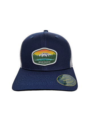 Mount Rainier National Park Snapback Trucker Hat w/ Patch: Black on Black Mesh