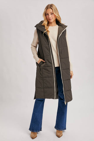 QUILTED LONGLINE PUFFER VEST: ASH