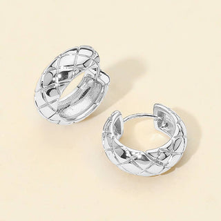 14K Gold Dipped Quilt Pattern Huggie Hoop Earrings: Silver