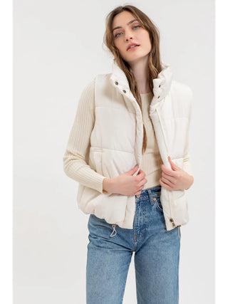 Solid Zip Up Puffer Vest- Ivory