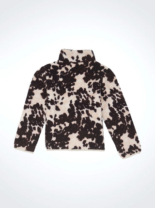 Girl's Cow Print Quarter-Zip Sherpa Pullover in Brown Cow