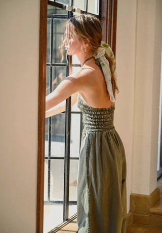 Dyed Washed Smocked Olive Jumpsuit