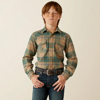 Ariat Boy's Huxlee Deep Teal Plaid Retro Pearl Snap Long Sleeve Western Shirt