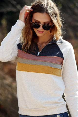 Color Block Contrast Zippered Pullover