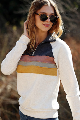 Color Block Contrast Zippered Pullover