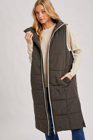 QUILTED LONGLINE PUFFER VEST: ASH