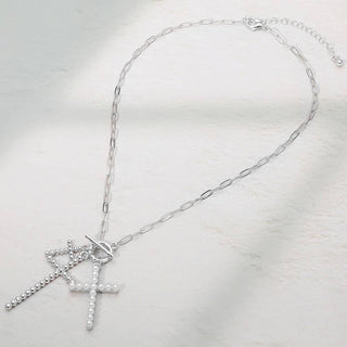 Metal Bubble Pearl Cross Charm Pendant Necklace: Rhodium