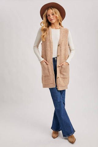 BUTTON DOWN V-NECK TEDDY KNIT LONG LINED VEST: DK.BROWN