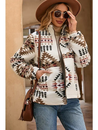 Aztec Printed Stand Neck Zip Up Jacket