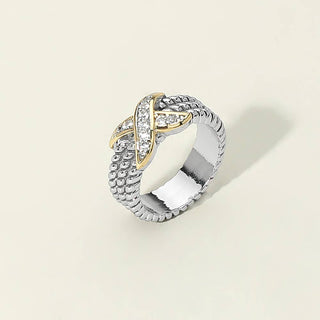 Two Tone CZ Stone Paved Crisscross Accent Textured Ring: 6