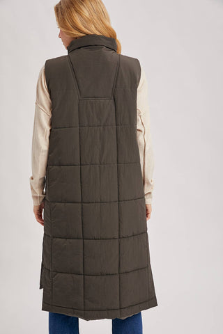 QUILTED LONGLINE PUFFER VEST: ASH