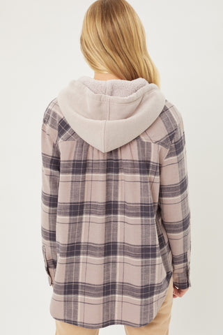 Plaid Flannel Button Up Shacket with Sherpa Hood