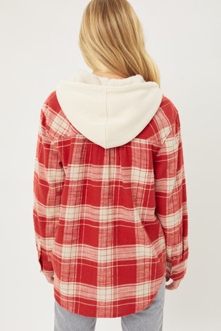 Plaid Flannel Button Up Shacket with Sherpa Hood