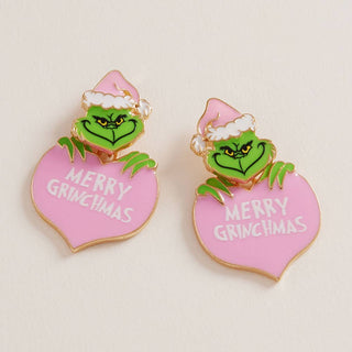 MERRY CHRISTMAS Heart Grinch Green Monster Earrings: Pink