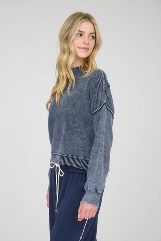 WASHED MOCK NECK LONG SLEEVE KNIT PULLOVER SWEATER: NAVY