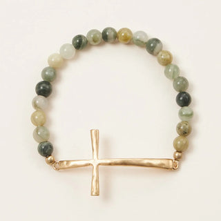 Cross Charm Glass Beaded Bracelet Olive