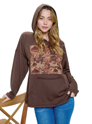 Hoodie Patchwork Art Mushroom Loose Fit: Brown  M/L