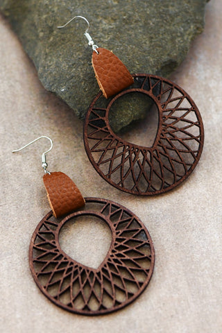Boho Filigree Wooden Earrings with Leather Accent