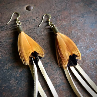 Leather + Feather Dangle Earrings- Cream