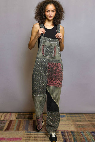 Animal/Floral Print Frayed Edge Twill Woven Overalls