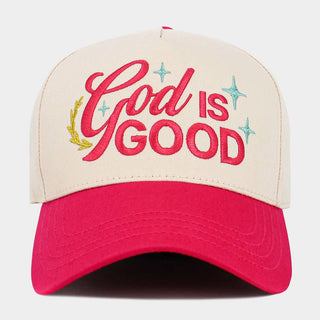 GOD IS GOOD Message Embroidered Baseball Cap: Beige,Red