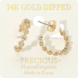 14K Gold Dipped Hypoallergenic Rhinestone Accent Open Floral Hoop Earrings: Gold