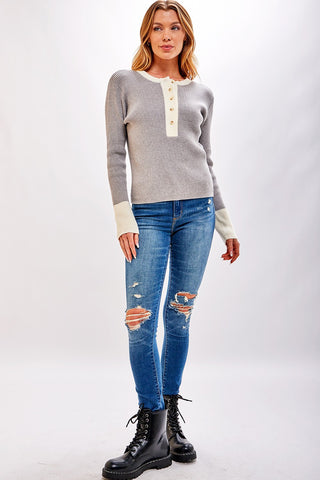 Two Toned Button Up Ribbed Long Sleeve Top
