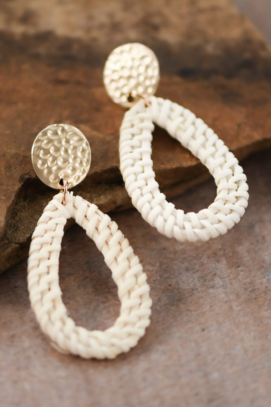 Woven Rattan Teardrop Earrings with Gold Accent