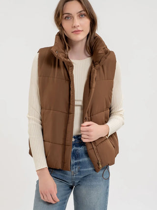 Solid Zip Up Puffer Vest- Brown