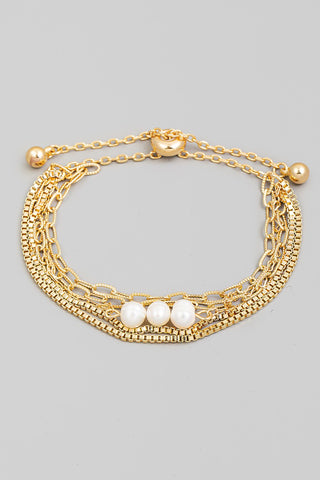 Triple Pearl Bead Layered Chain Bracelet