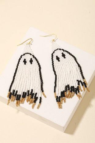 Beaded Fringe Ghost Halloween Dangle Earrings