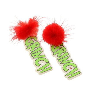 Pom Pom Resin Grinch Message Drop Dangle Earrings: Red