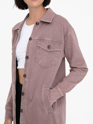 Washed Twill Longline Shacket- Deep Taupe