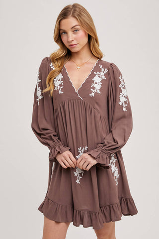 EMBROIDERED V-NECK RUFFLED DRESS: COCO