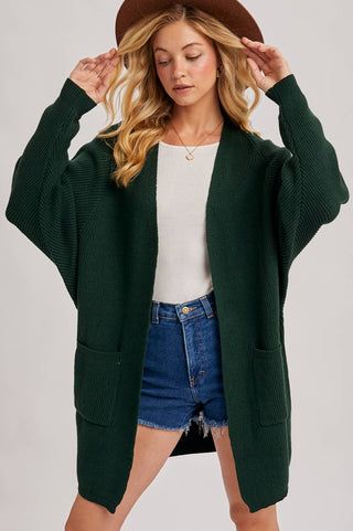 OPEN FRONT BATWING SLEEVE CARDIGAN: HUNTER GREEN